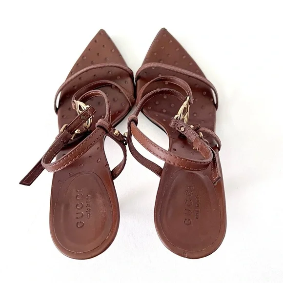 GUCCI | GG Logo Brown Leather Strappy Heels Sandals Size 7.5 - Picture 11 of 16